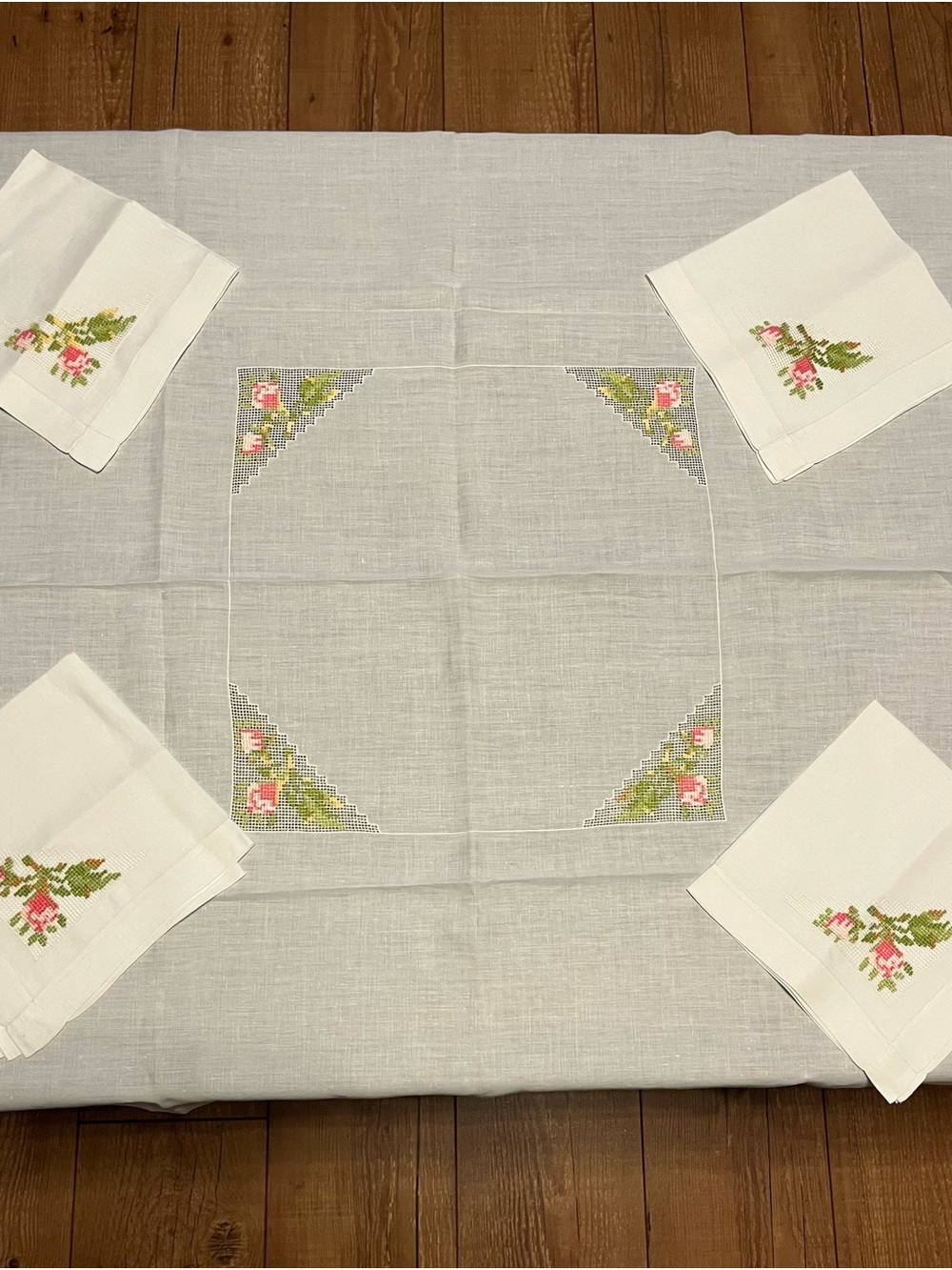 White Linen card table size Embroidered Tablecloth with Pink Rose Accents